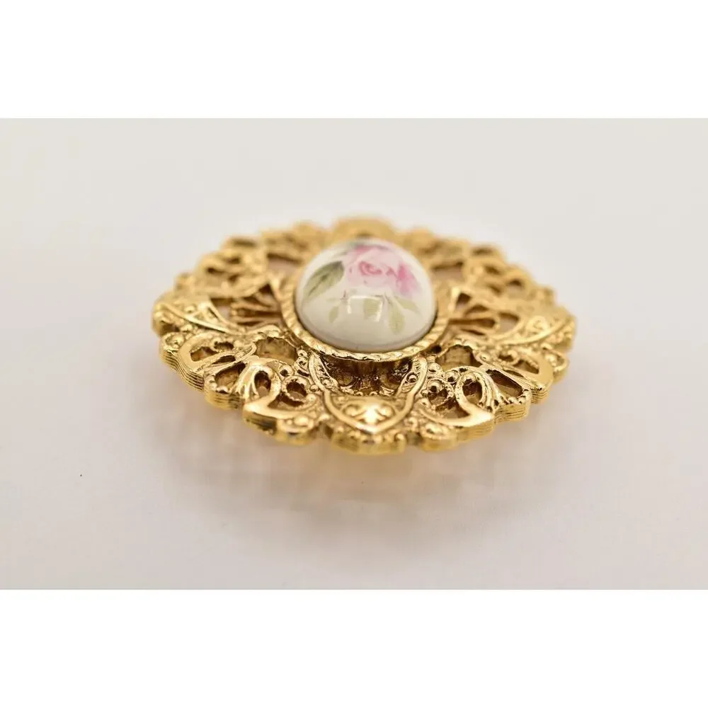 1928 Vintage Brooch Pin Rose Painted Cabochon Antiqued Gold Filigree 1980s BinBG